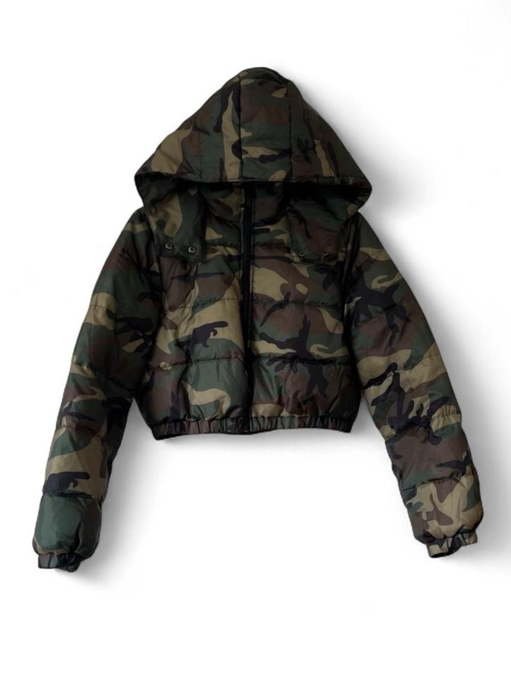 Juniors Medium Women’s Small Camo Cropped Puffer Jacket Attached Hood EUC